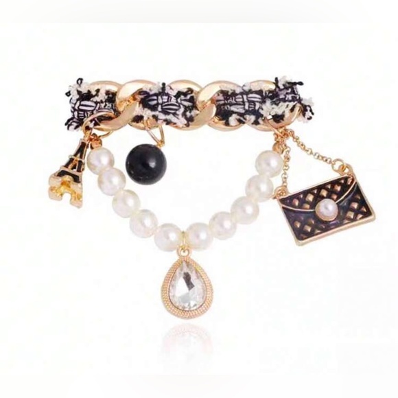Quiet Luxury Boutique Jewelry - ✨NEW Paris Eiffel Tower Chic Gold and Black Brooch with Pearl Accents